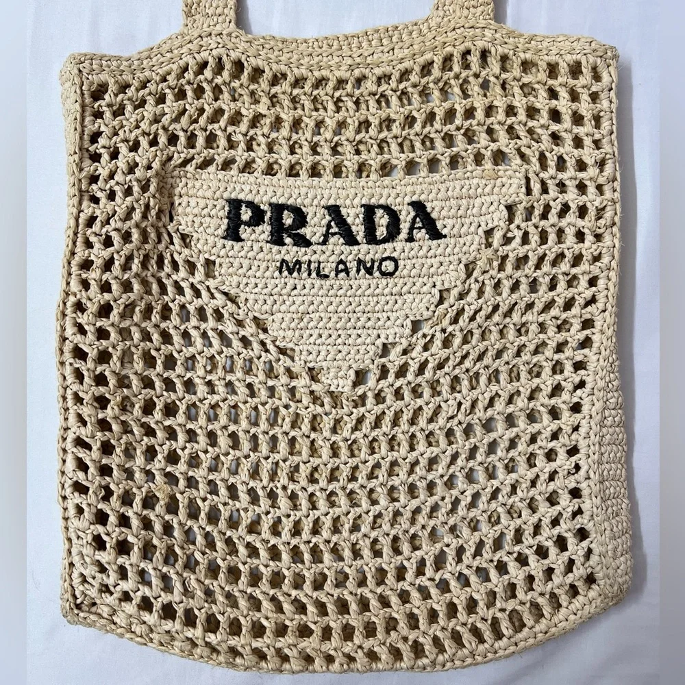 Prada Beige Crochet Tote Bag with Black Logo